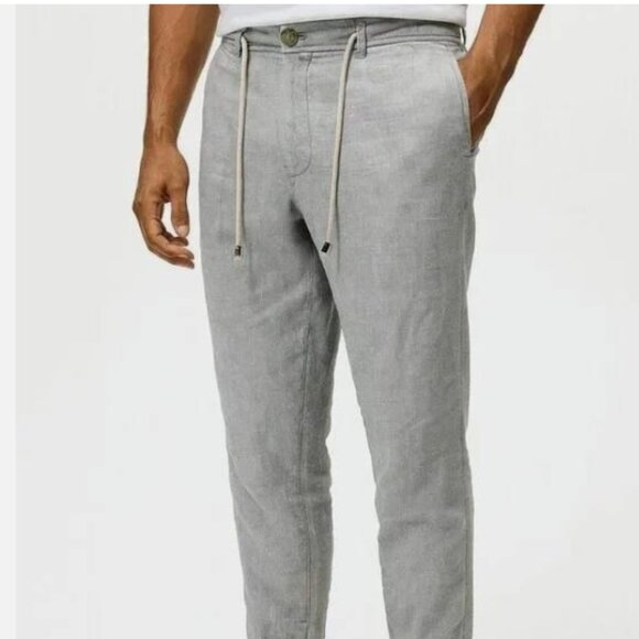 Zara 100% Linen Pants Mens M 32 x 27 Gray Light Blue Drawstring Casual Pull On. - Picture 1 of 12